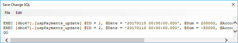 Sample of the code used to save changes using stored procedures
