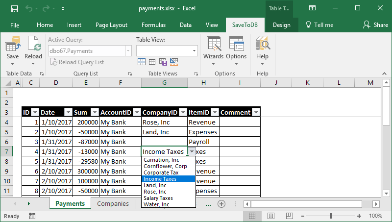 Sample of an Excel validation list