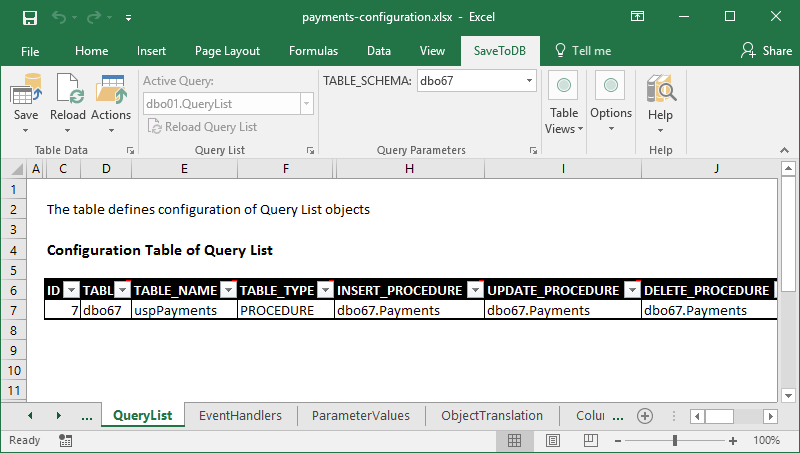 Sample configuration to save stored procedure data into a table