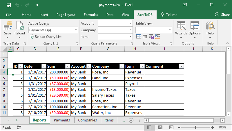 Sample of editable stored procedure in Microsoft Excel