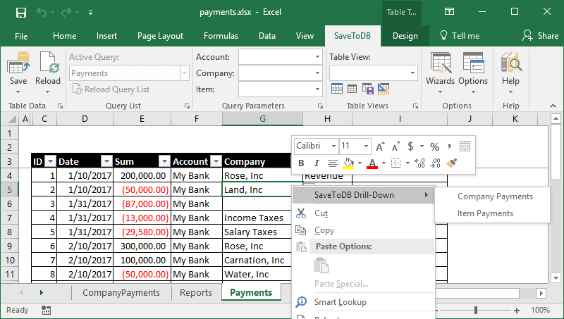 Sample of the configured Excel context menu