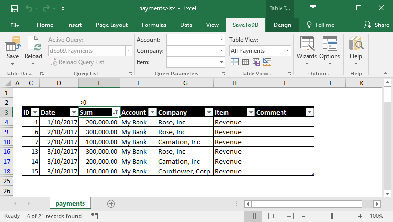 Filter income payments using a cell filter