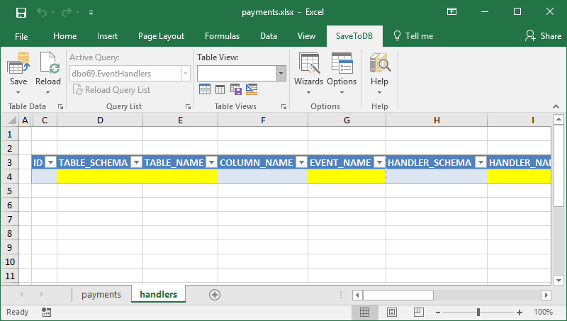 The initial EventHandlers table in Excel