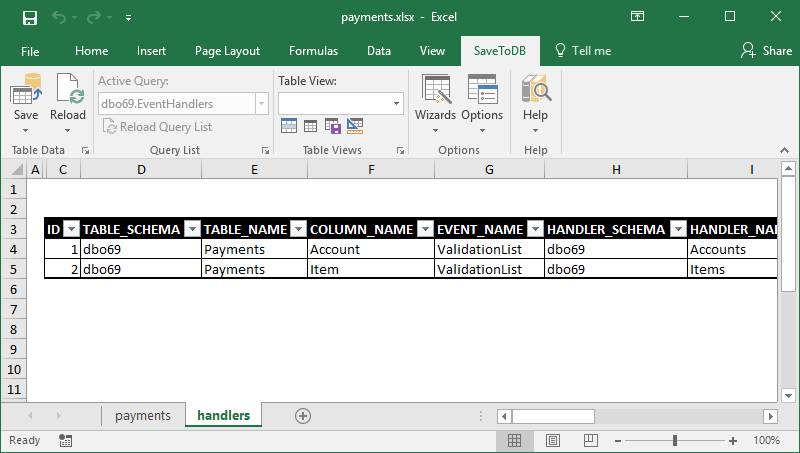 Configured EventHandlers table in Microsoft Excel
