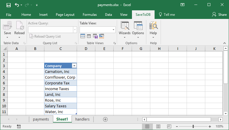 Create an Excel table with companies