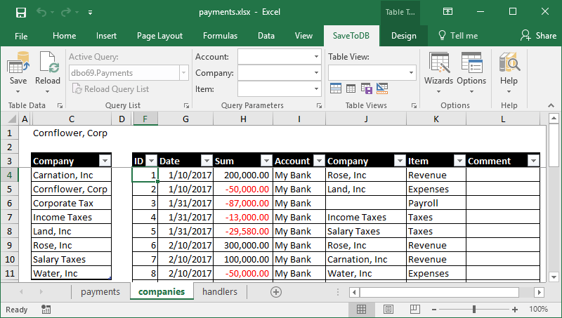 Insert a new connected table into Microsoft Excel