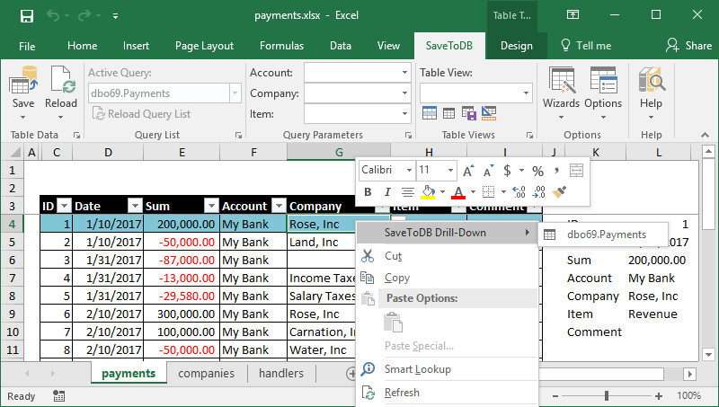 Sample of the Excel context menu configured with the EventHandlers table