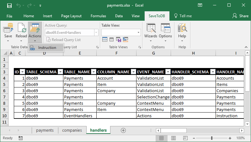 Sample of the Actions menu at the Excel ribbon