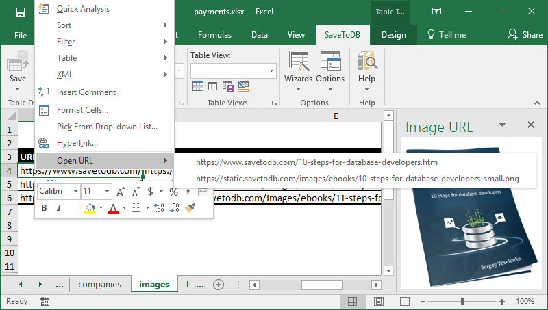 You can open a URL using the context menu