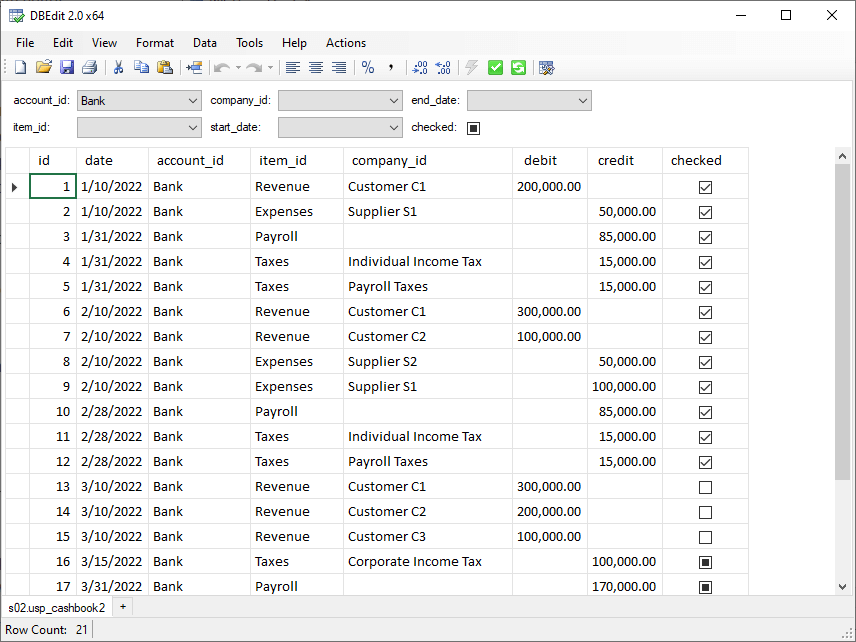 The sample shows how to load data using stored procedures and save changes to databases with DBEdit