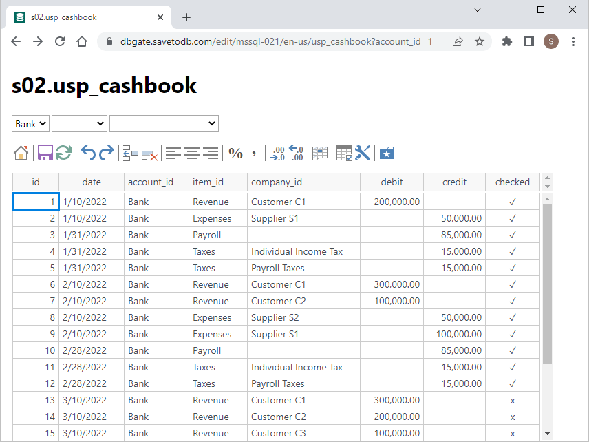 The sample shows how to load data using stored procedures and save changes to a database with DBGate