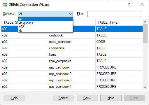 DBEdit Connection Wizard - Select Schema to Filter Objects