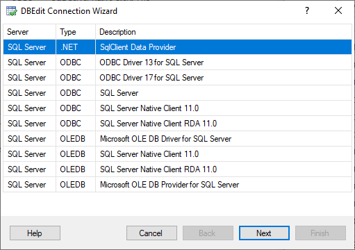 DBEdit Connection Wizard - Select Provider for SQL Server