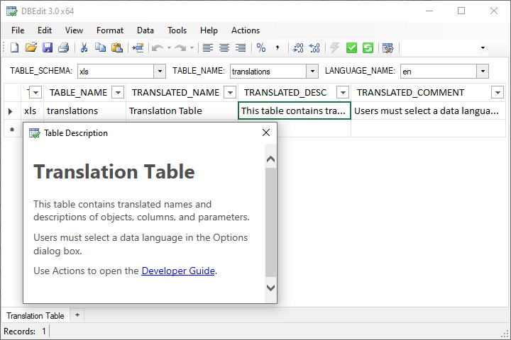 Sample of Table Description Task Pane