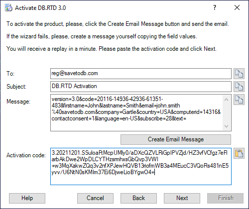 DB RTD Registration - Paste the activation code