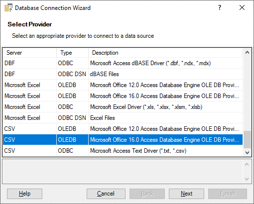 Connecting Excel to CSV - Select Provider