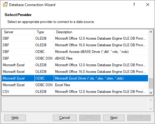 Connecting Excel to Excel - Select Provider