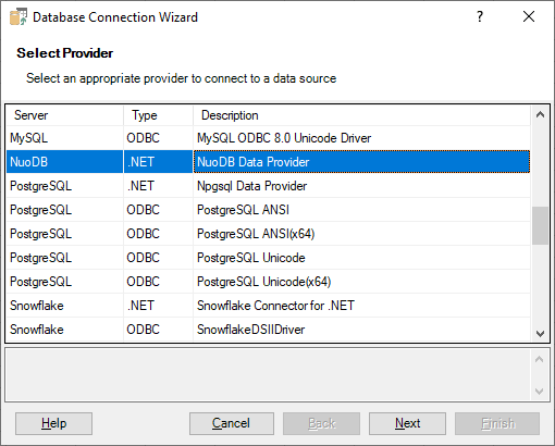 Connecting Excel to NuoDB Database - Selecting Provider