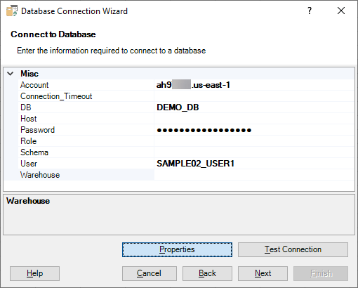 Connecting Excel to Snowflake, .NET Provider Properties