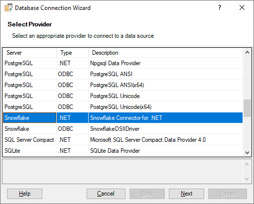 Connecting Excel to Snowflake - Selecting Provider