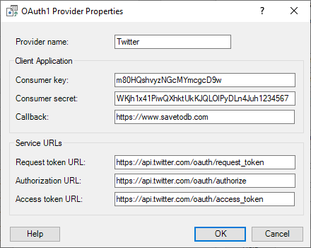 SaveToDB OAuth1 Settings