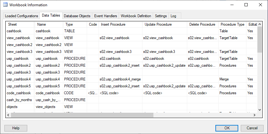 SaveToDB Workbook Information - Data Tables