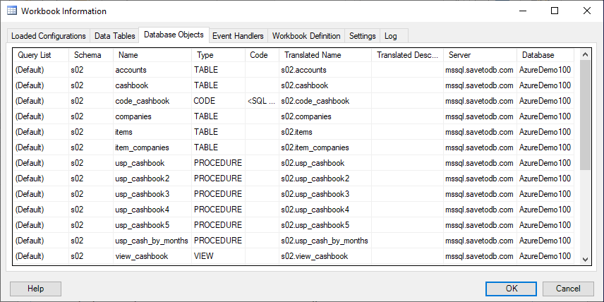 SaveToDB Workbook Information - Database Objects