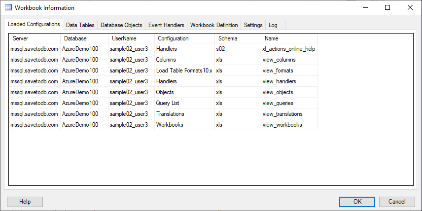 SaveToDB Workbook Information - Loaded Configurations