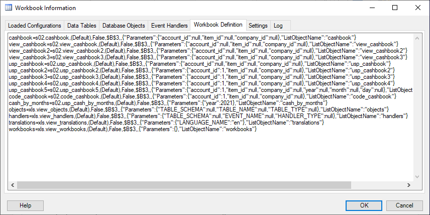 SaveToDB Workbook Information - Workbook Definition