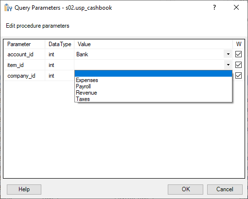 Example of the Query Parameters Dialog Box for Stored Procedures
