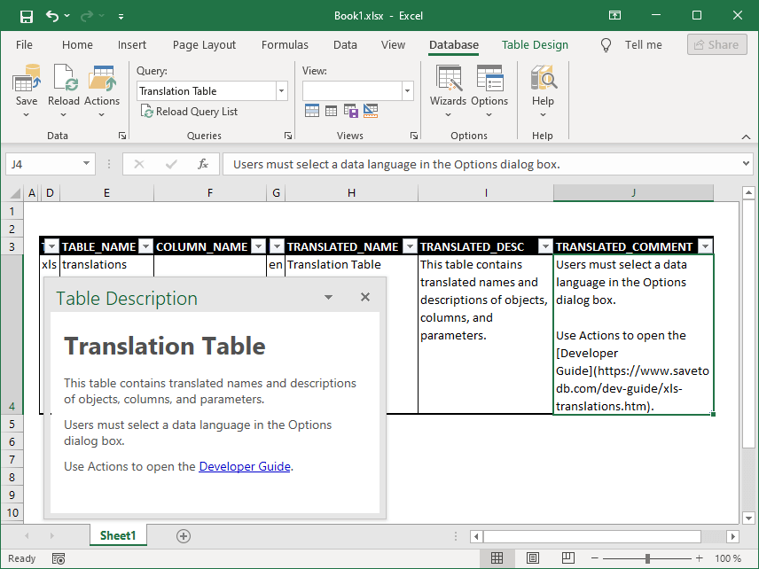Sample of the SaveToDB Table Description Task Pane