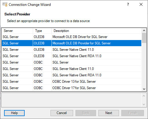 Change Connection Wizard - Selecting Provider