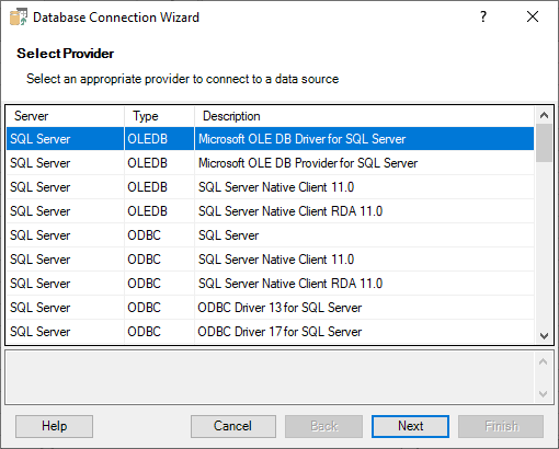 Database Connection Wizard - Select Provider