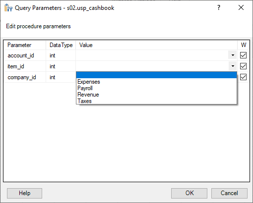Database Connection Wizard - Choose Parameters