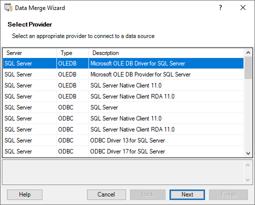 Data Merge Wizard - Selecting Provider