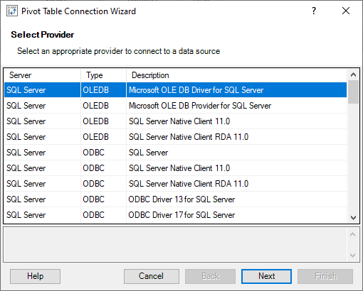 Pivot Table Connection Wizard - Select Provider