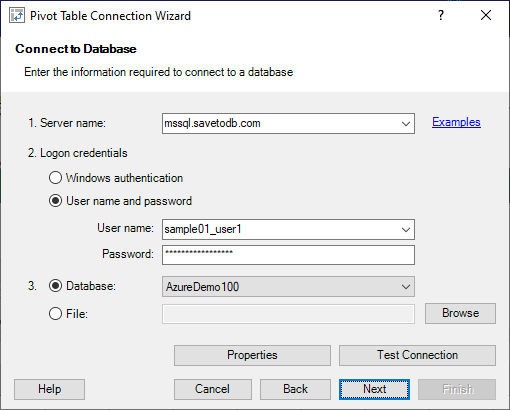 Pivot Table Connection Wizard - Connect to Database