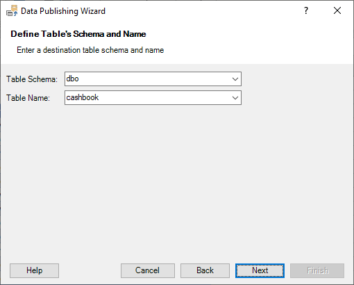 Data Publishing Wizard - Define Schema and Name of Destination Database Table