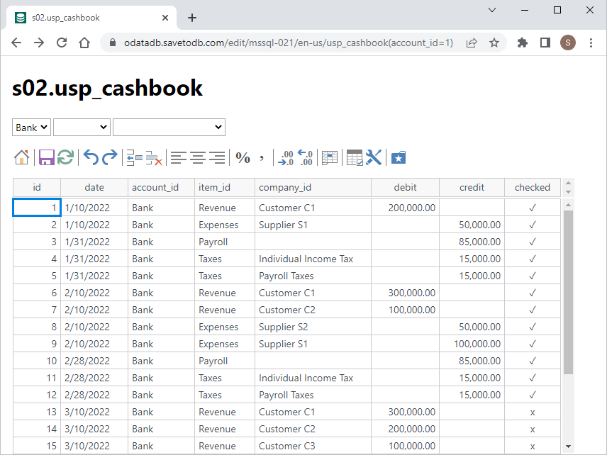 The sample shows how to load data using stored procedures and save changes to databases with ODataDB