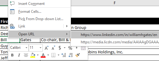 Example of the context menu